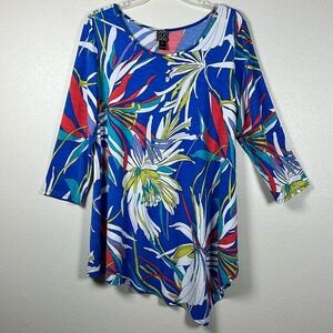 CLARA‎ SUN WOO Kerchief Angle Hem Tunic Top XL Floral Print Stretch Made In USA